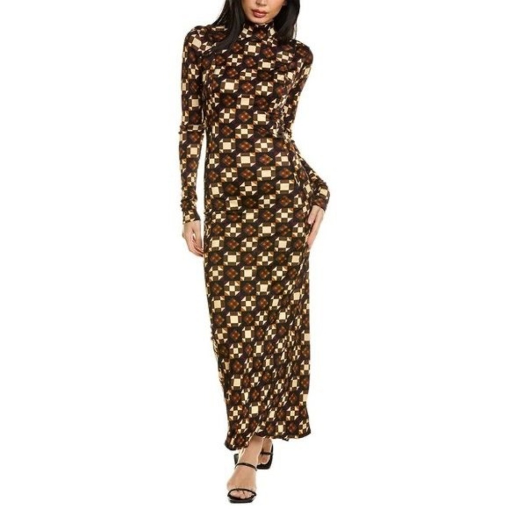 Ronny Kobo Collective Geometric Print Mock Neck Maxi Dress Brown Orange M c5